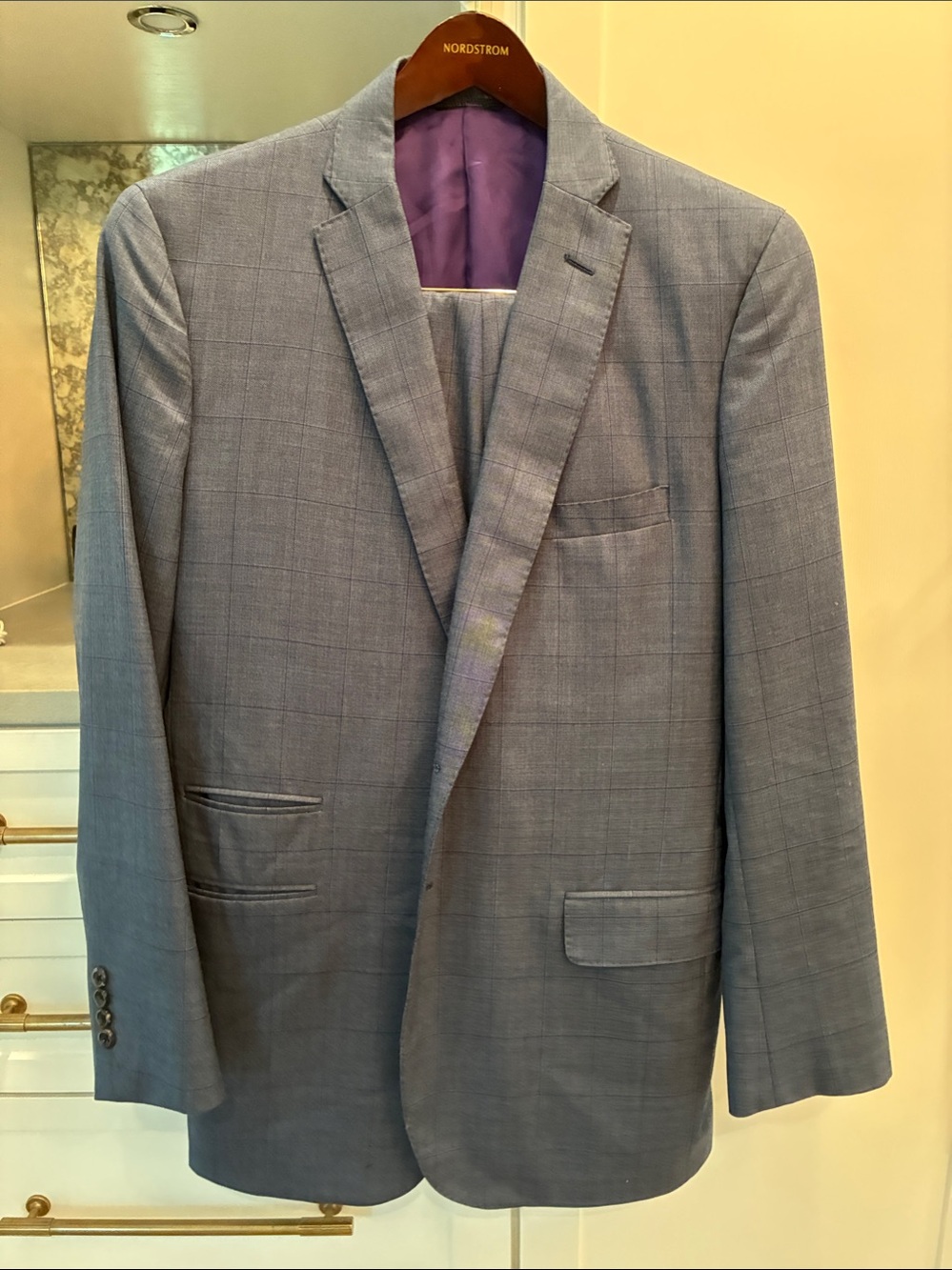 Tom James Men’s Gray Windowpane Sport Coat with Purple Lining